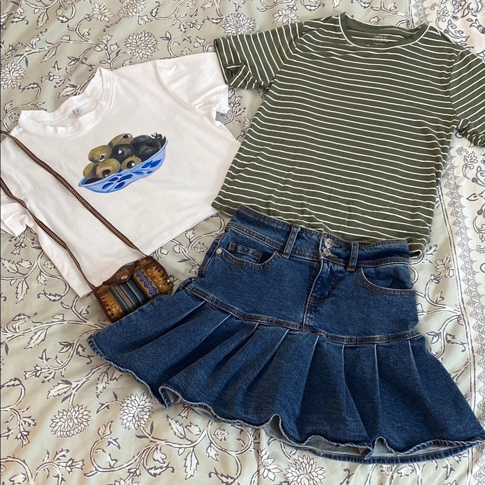 Striped Green T-Shirt and Denim Skirt Set